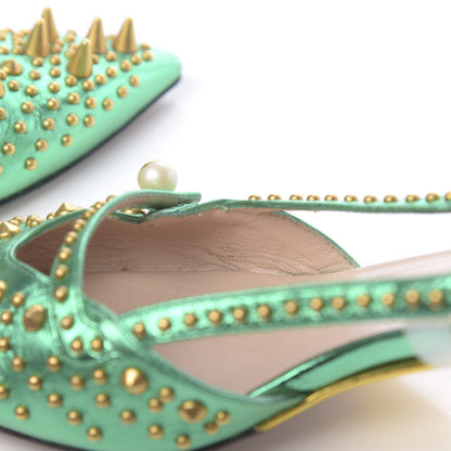 Gucci Metallic Calfskin Studded Unia Pointed Toe Low Heel Slingback Pumps 35.5 Green 8 of 12