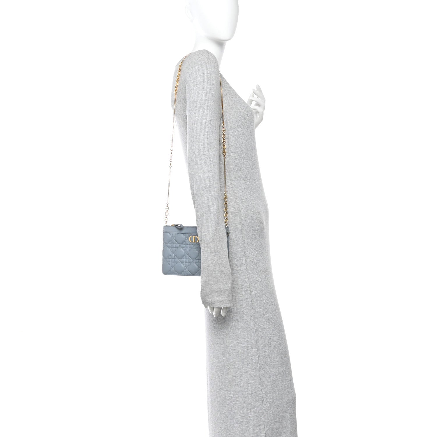 Christian Dior Calfskin Cannage Caro Zipped Pouch With Chain Cloud Blue 2 of 10