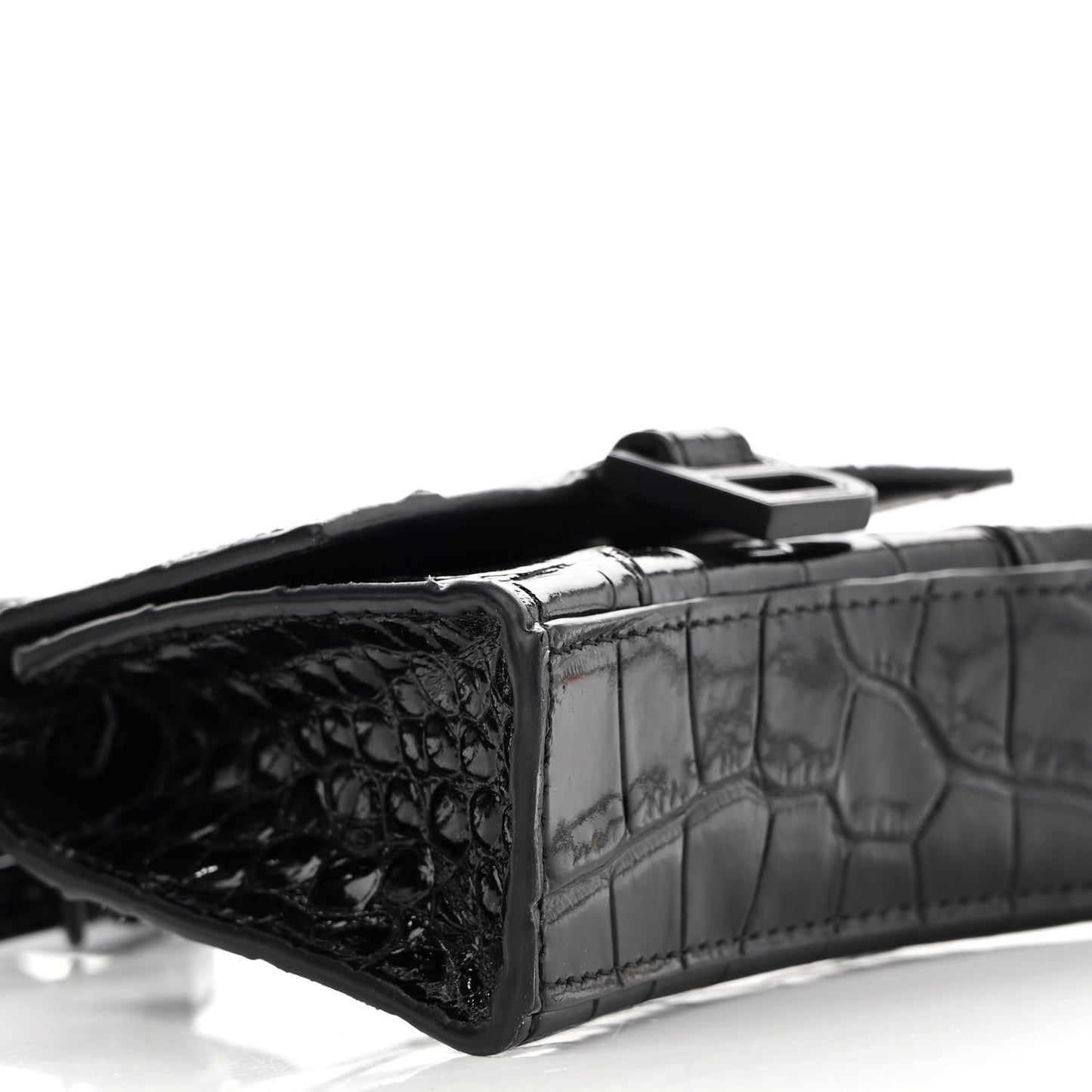 Shiny Calfskin Monochrome Crocodile Embossed Hourglass Top Handle Bag Mini Black