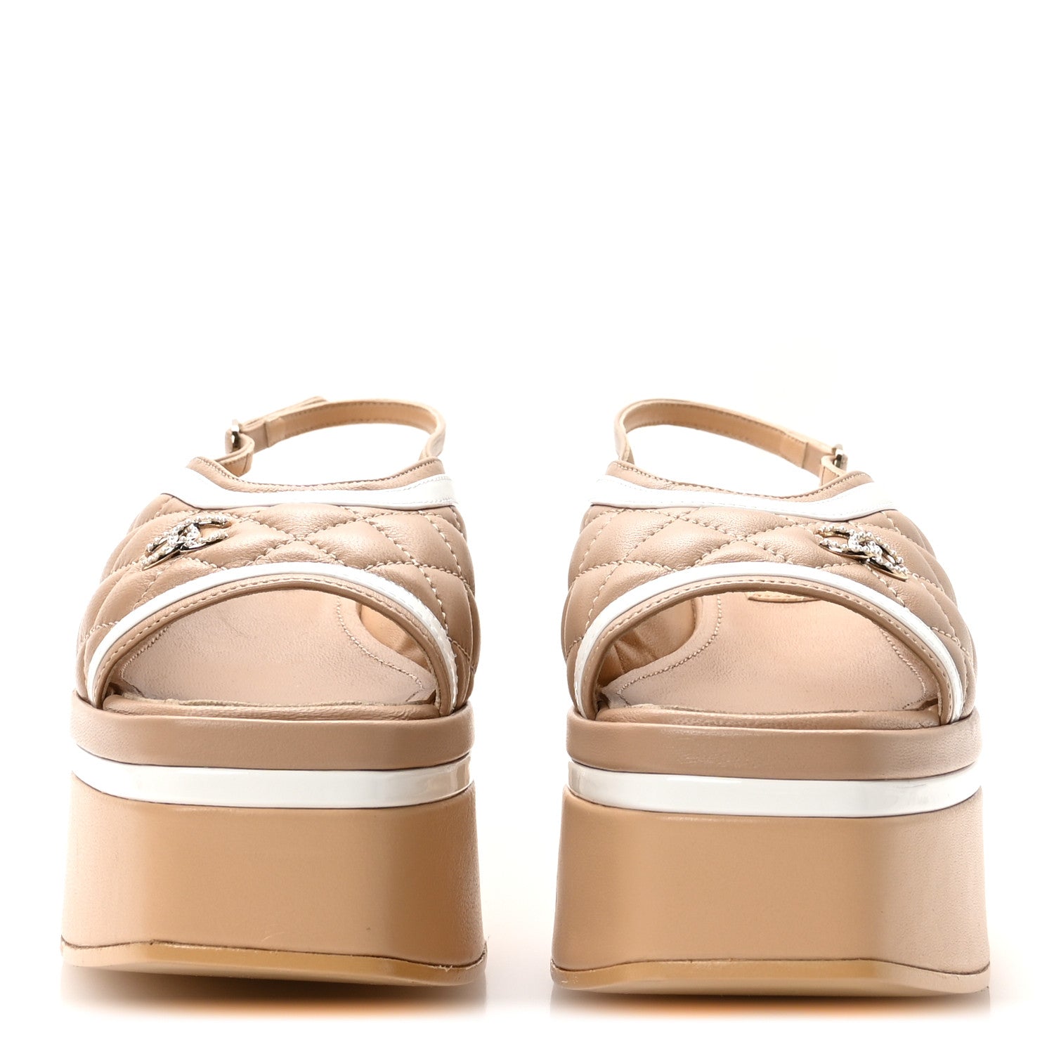 Chanel Lambskin Patent Quilted CC Platform Sandals 37.5 Beige White 3 of 9