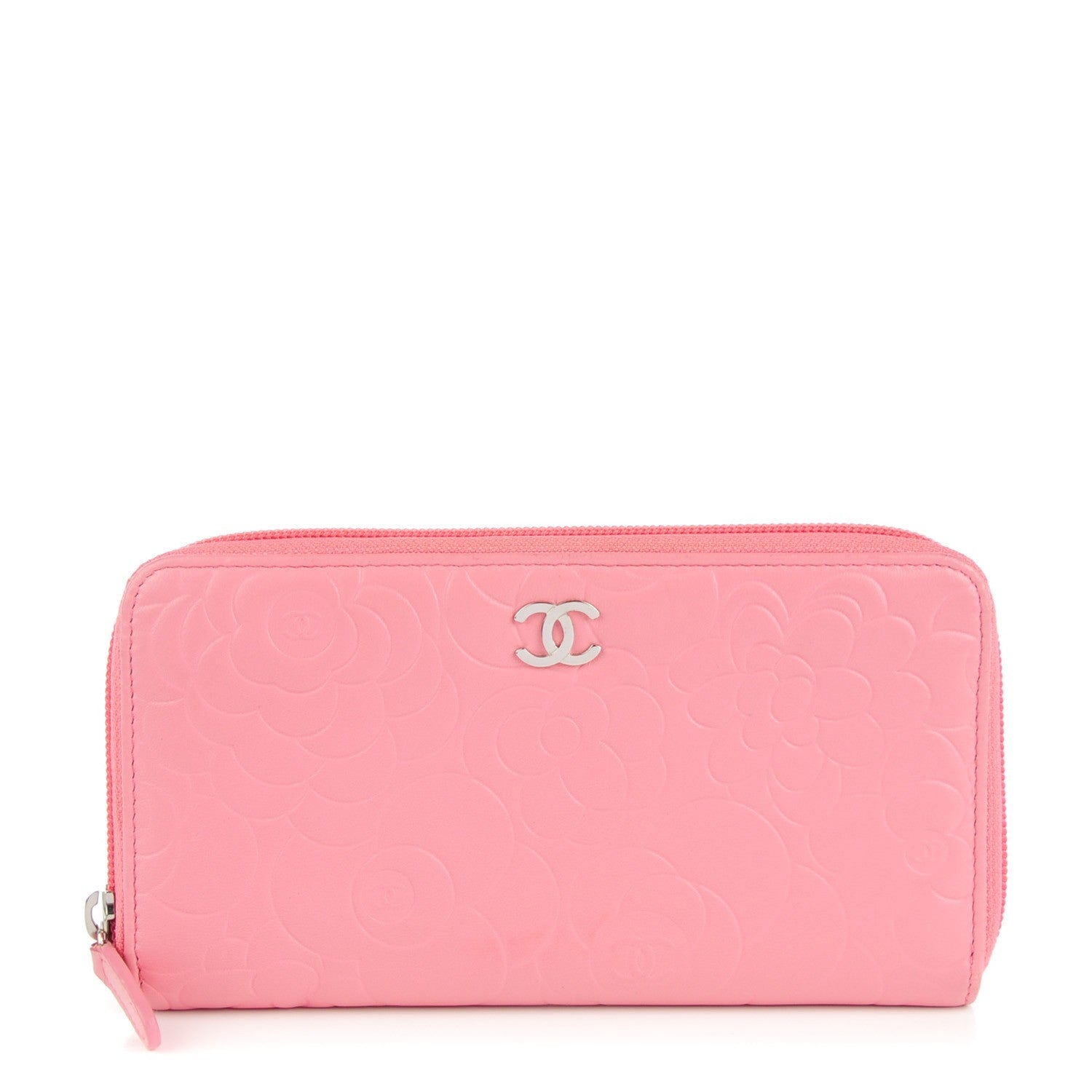 Chanel Lambskin Camellia Embossed Zip Around Large Gusset Wallet Pink 1 of 8