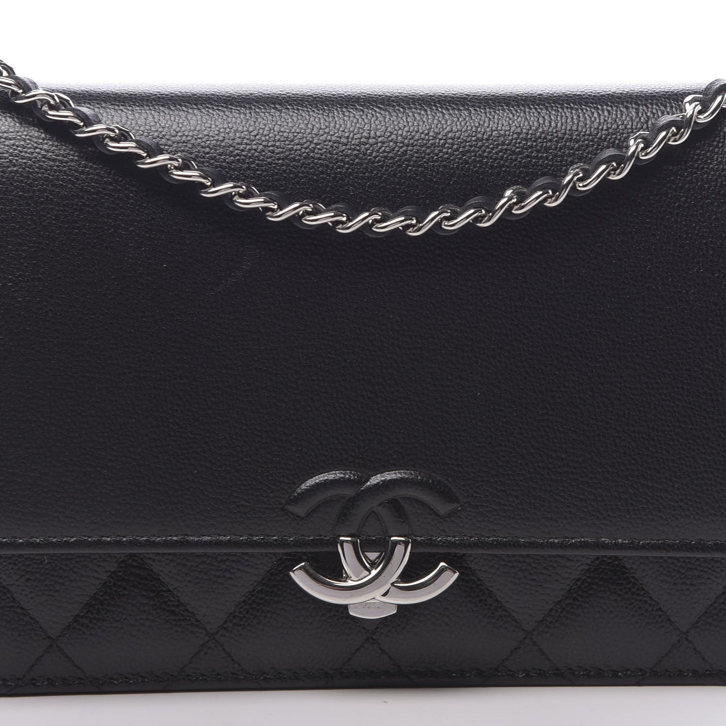 Grained Calfskin Quilted CC Box Wallet On Chain WOC Black