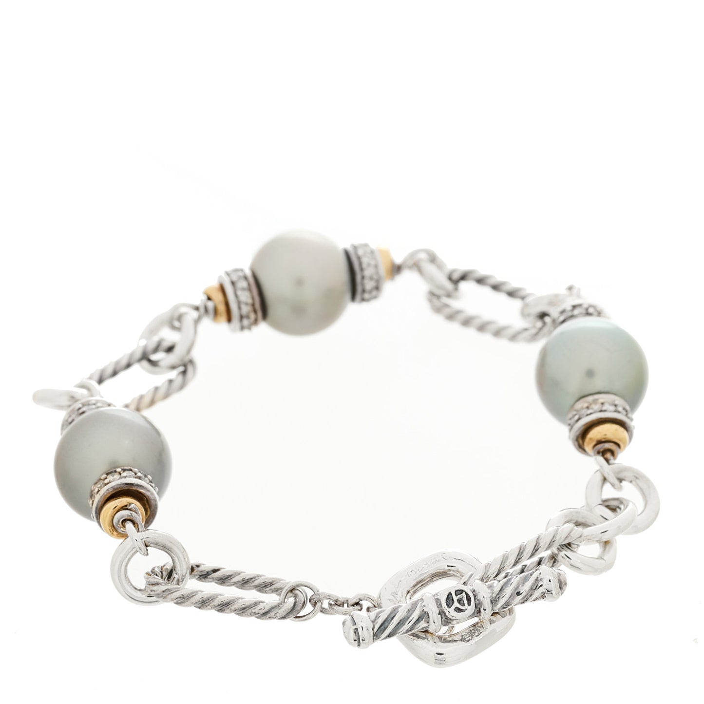 Sterling Silver 18K Yellow Gold Diamond Tahitian Pearl 11.5mm Figaro Bracelet