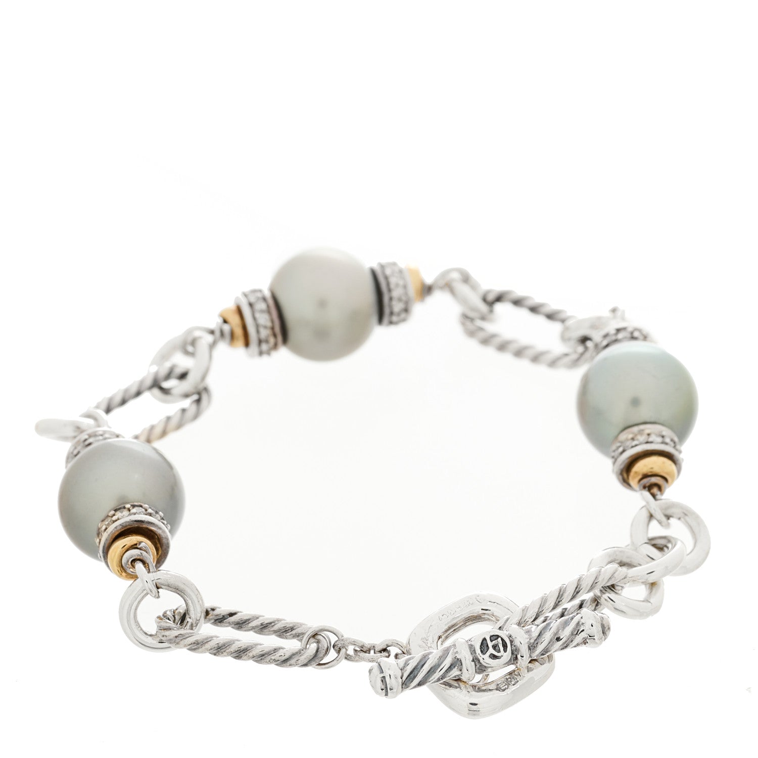 David Yurman Sterling Silver 18K Yellow Gold Diamond Tahitian Pearl 11.5mm Figaro Bracelet 2 of 3
