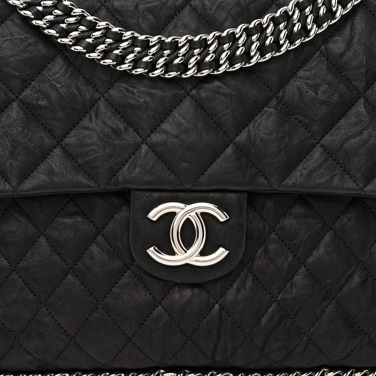Washed Lambskin Quilted Maxi Chain Around Flap Black