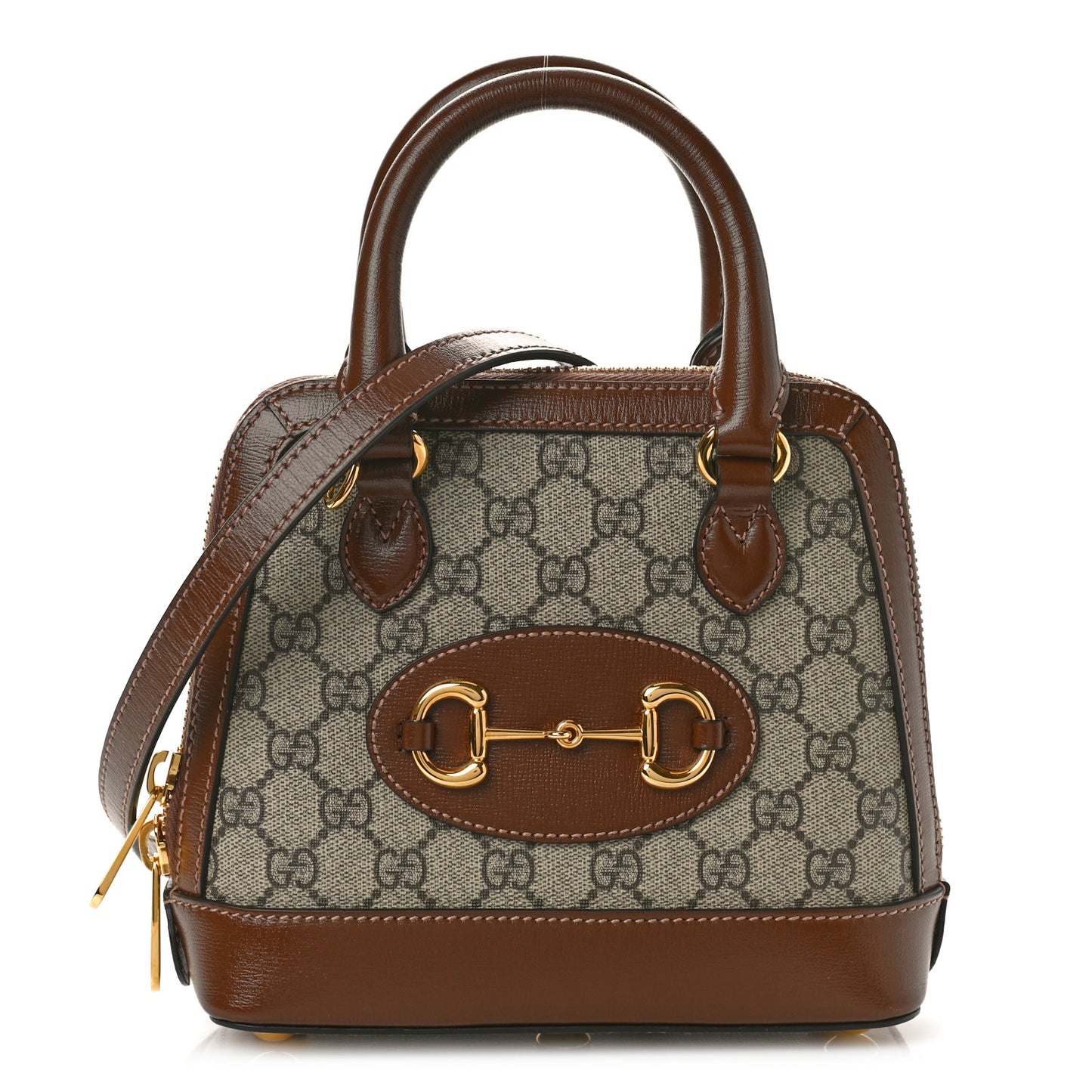 GG Supreme Monogram Azalea Calfskin Mini Horsebit 1955 Top Handle Bag Beige Ebony Brown Sugar