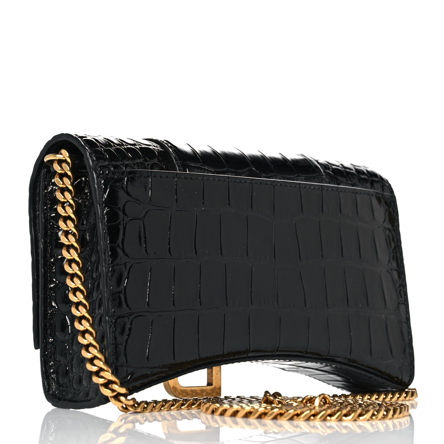 Balenciaga Shiny Calfskin Crocodile Embossed Hourglass Chain Bag Black 3 of 9