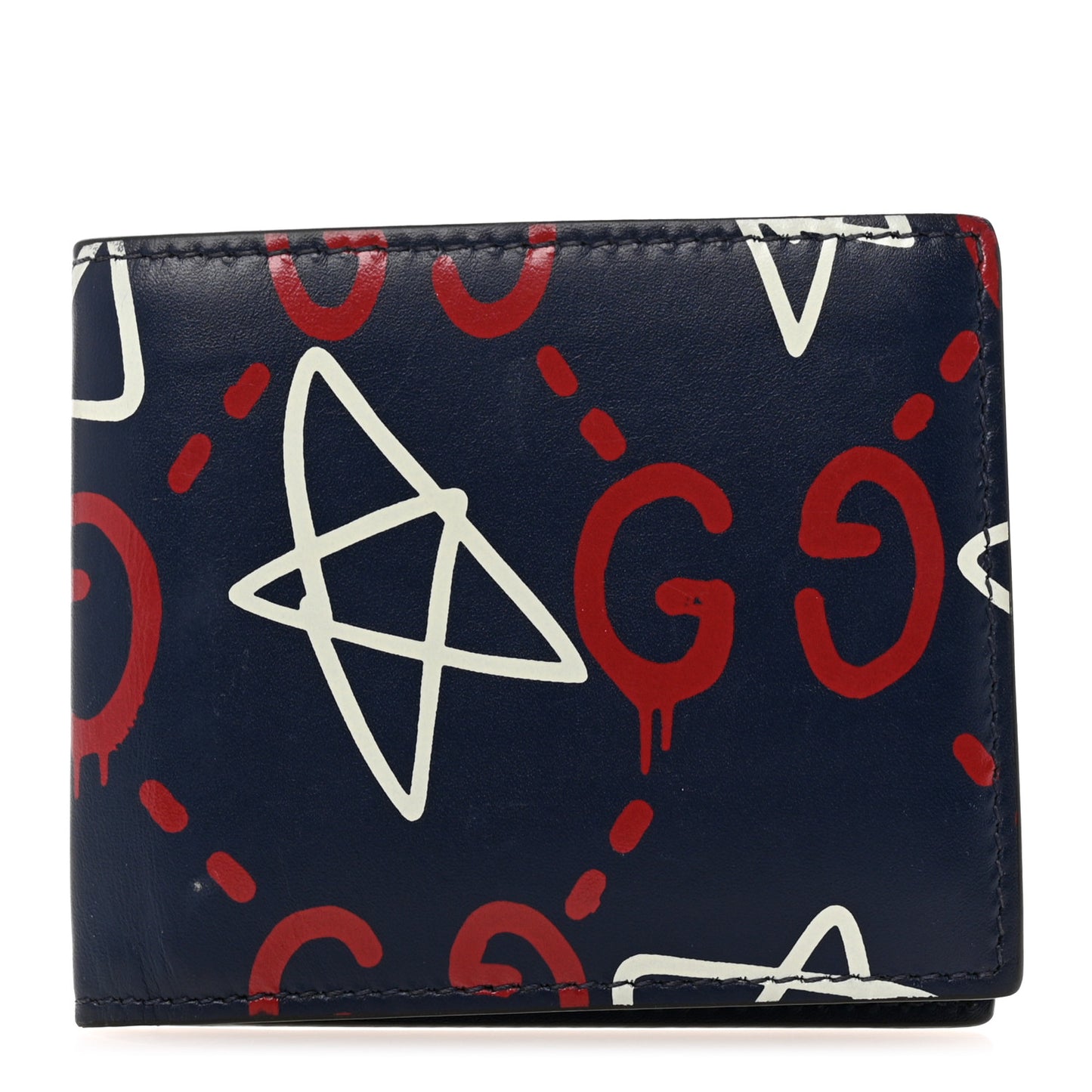 Calfskin GucciGhost Print Bi-Fold Wallet Blue Agata Hibiscus Red
