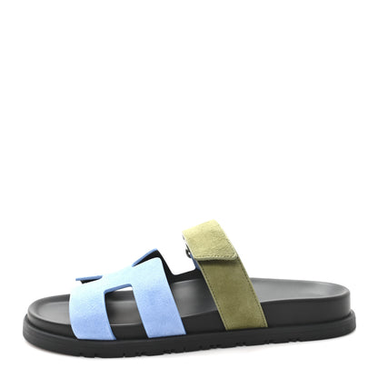 Hermes Suede Goatskin Womens Chypre Sandals 39 Bleu Cameo Vert 1 of 10