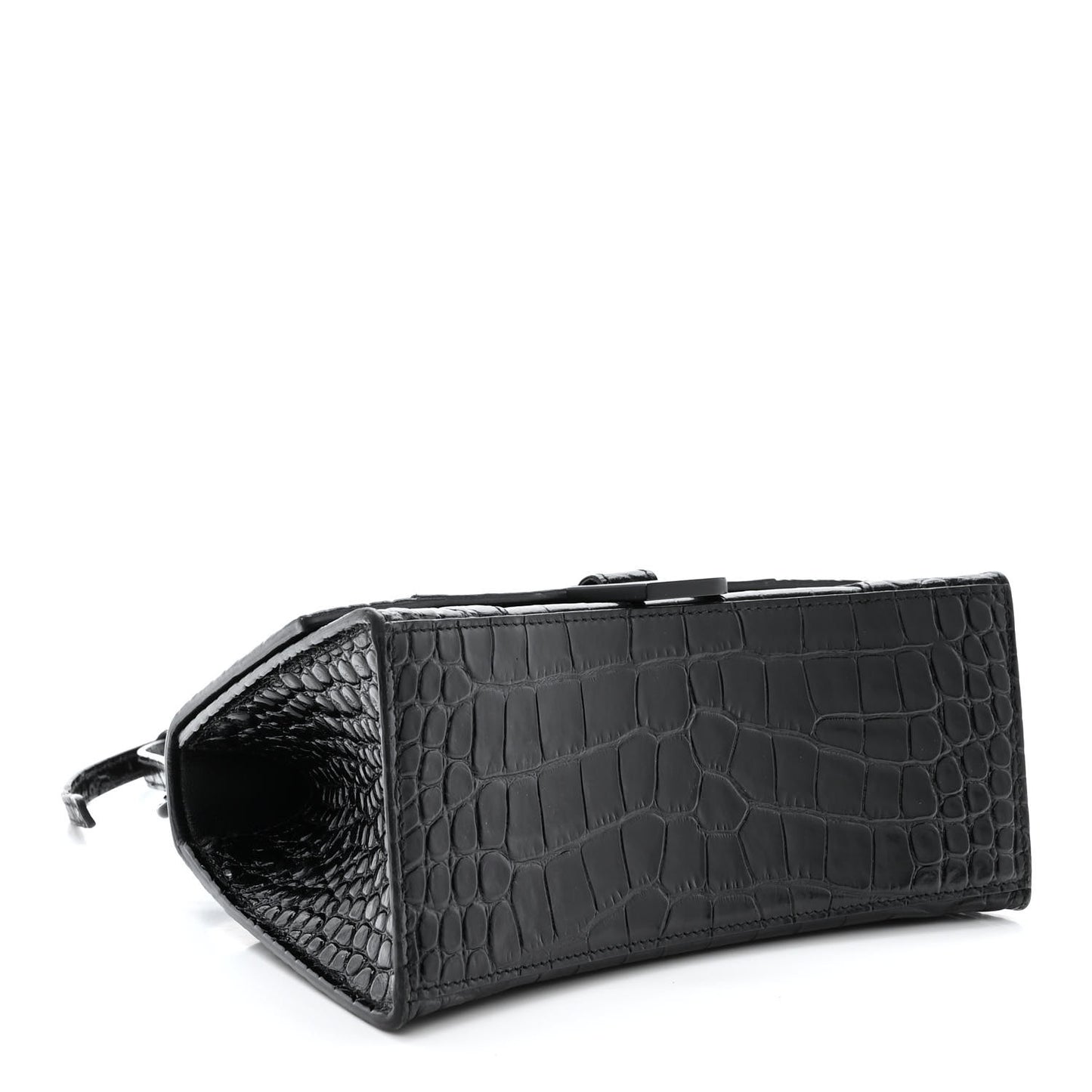 Shiny Calfskin Monochrome Crocodile Embossed Small Hourglass Top Handle Bag Black