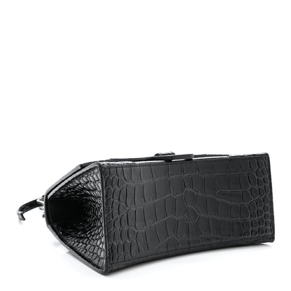Balenciaga Shiny Calfskin Monochrome Crocodile Embossed Small Hourglass Top Handle Bag Black 4 of 15