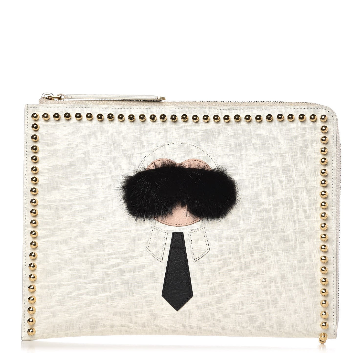 Vitello Elite Mink Fur Studded Karlito Zip Around Pouch White