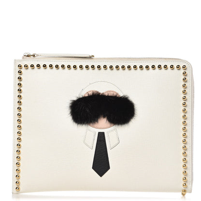 Fendi Vitello Elite Mink Fur Studded Karlito Zip Around Pouch White 1 of 16