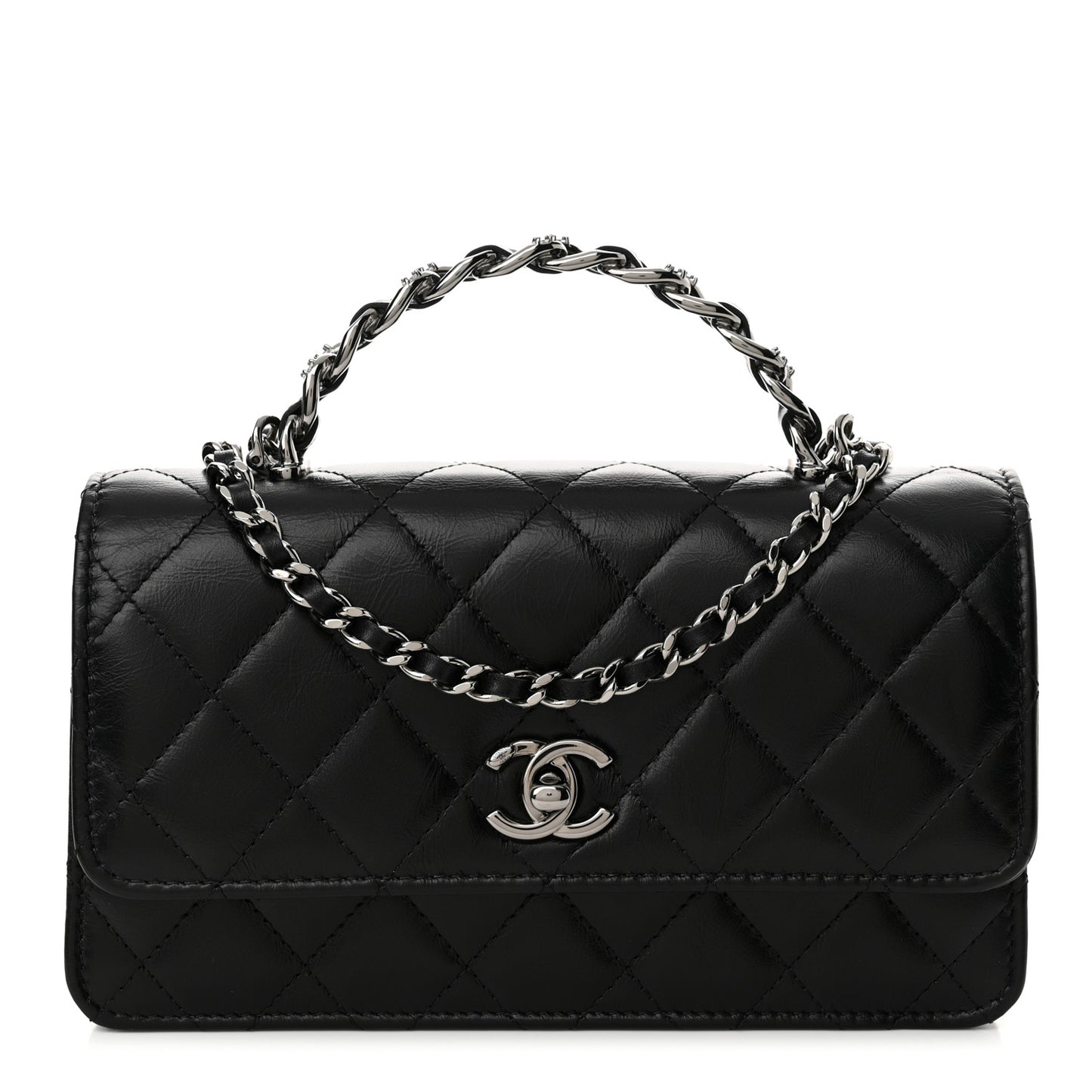 Shiny Crumpled Calfskin Strass Quilted Top Handle Clutch With Chain Black