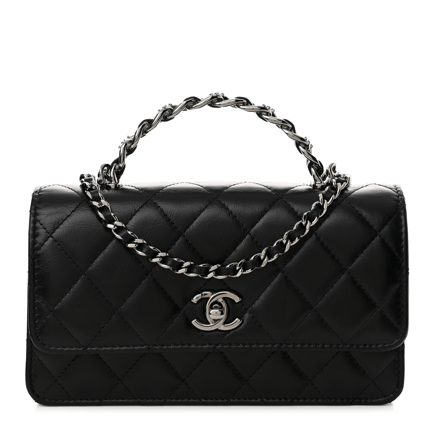 Chanel Shiny Crumpled Calfskin Strass Quilted Top Handle Clutch With Chain Black 1 of 12