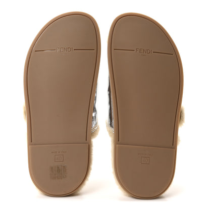 Fendi Shearling Metallic Vitello Womens FF Fendi Feel Buckled Slide Sandals 40 Argento 6 of 9