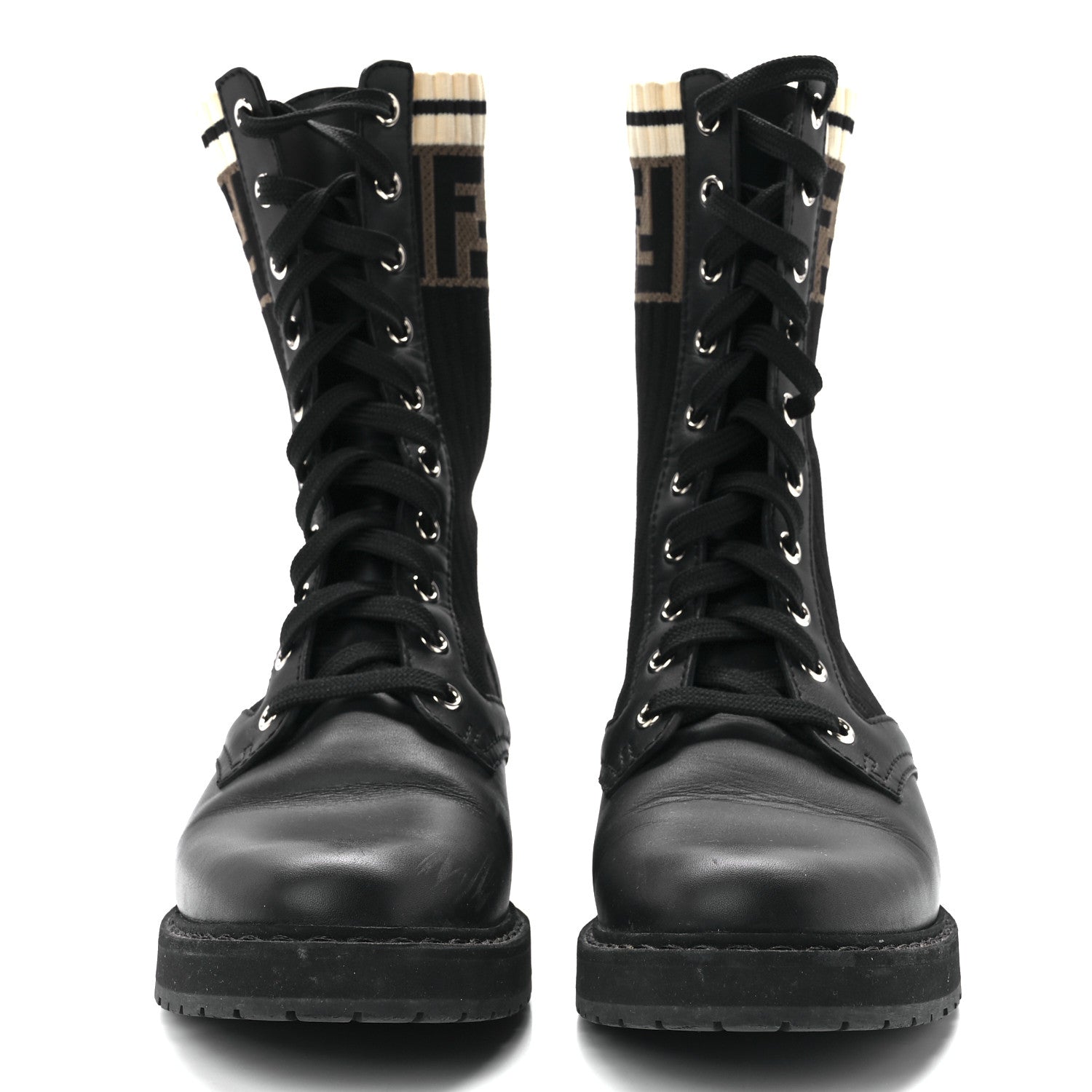 Fendi Calfskin Stretch Fabric Rockoko Biker Boots 36 Tobacco Black Marino 2 of 8