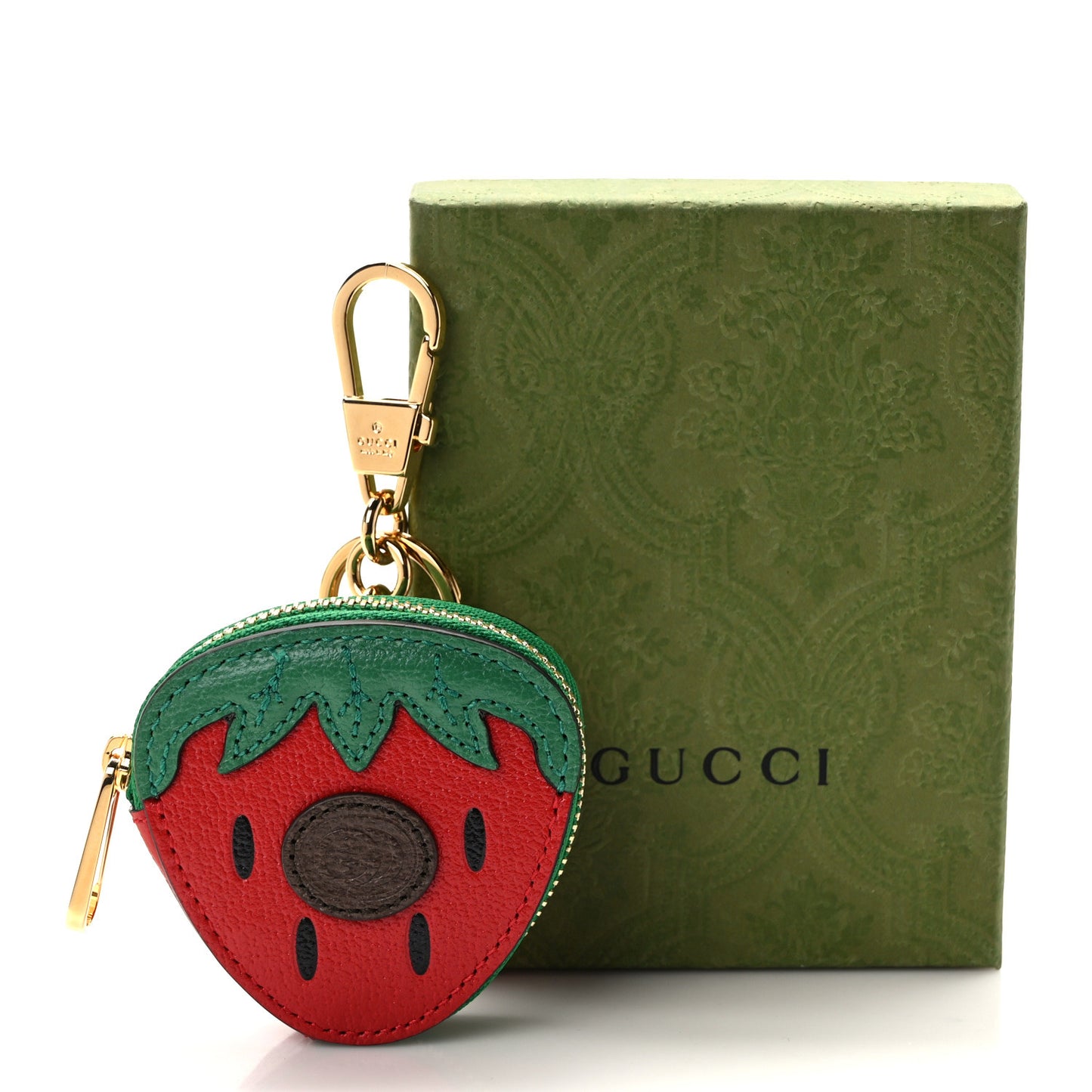 Textured Dollar Calfskin Retro Interlocking G Fruttini Strawberry Coin Case Bag Charm Key Holder
