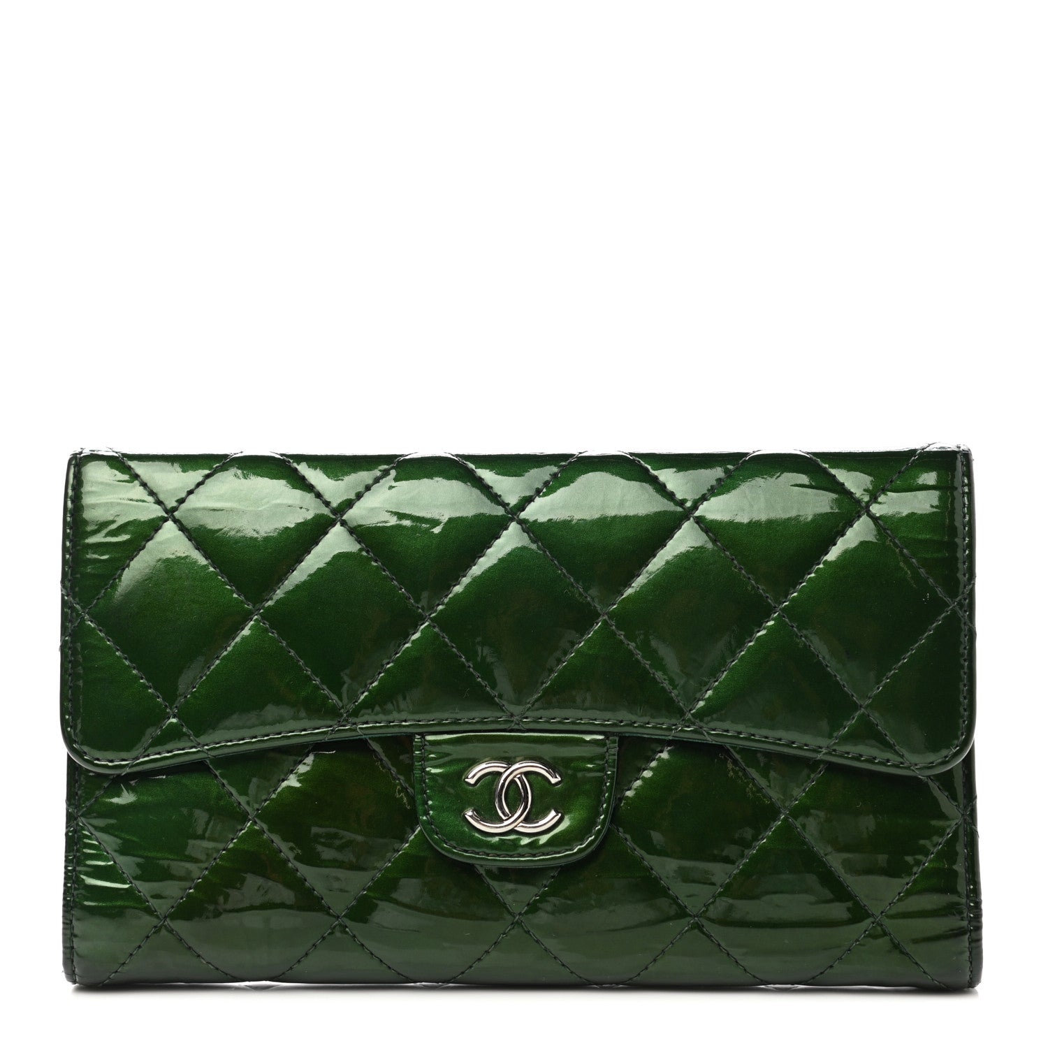 Chanel Patent Quilted Large Flap Wallet Green 1 of 9