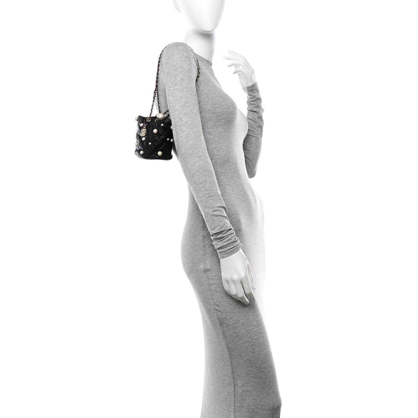 Lambskin Quilted Pearl Mini About Pearls Drawstring Bag Black