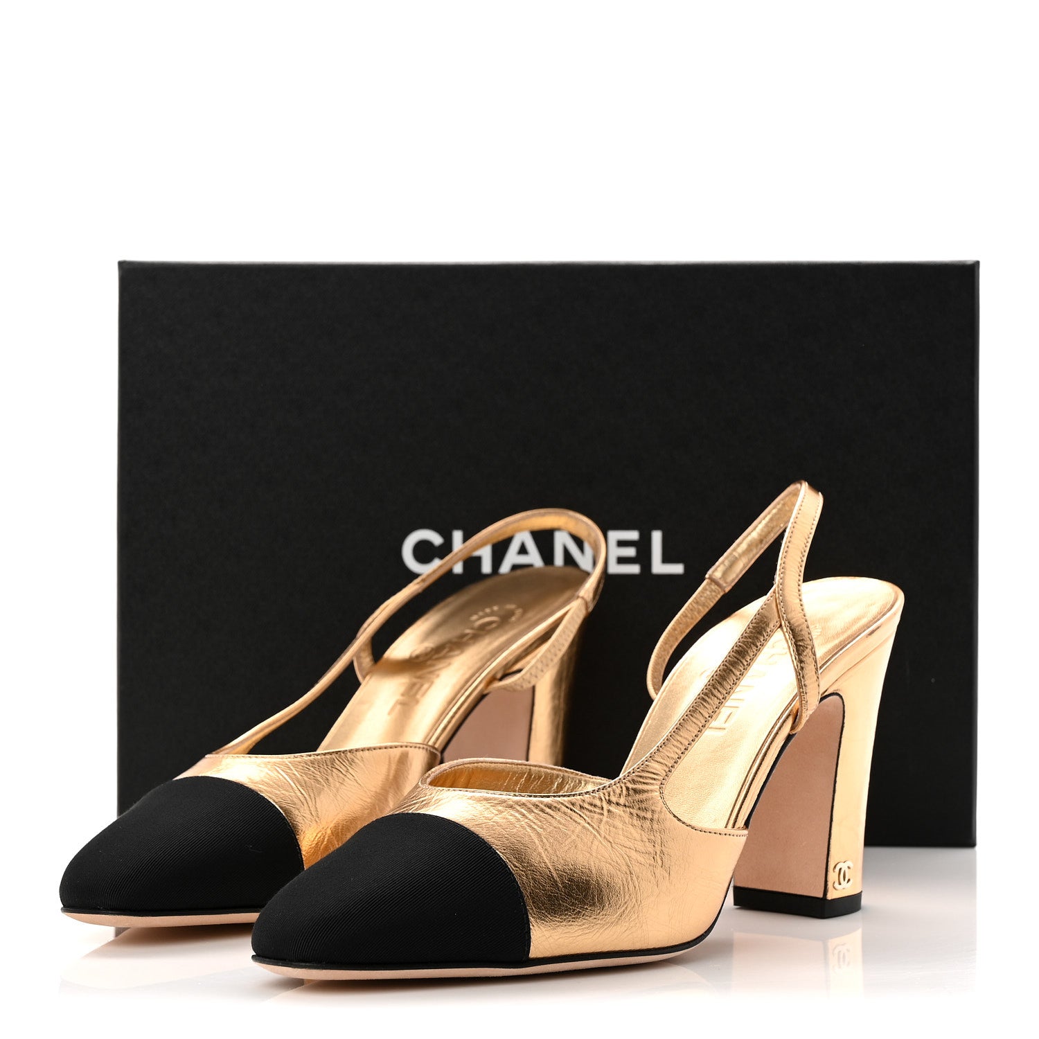 Chanel Laminated Crumpled Lambskin Grosgrain Cap Toe CC Slingback