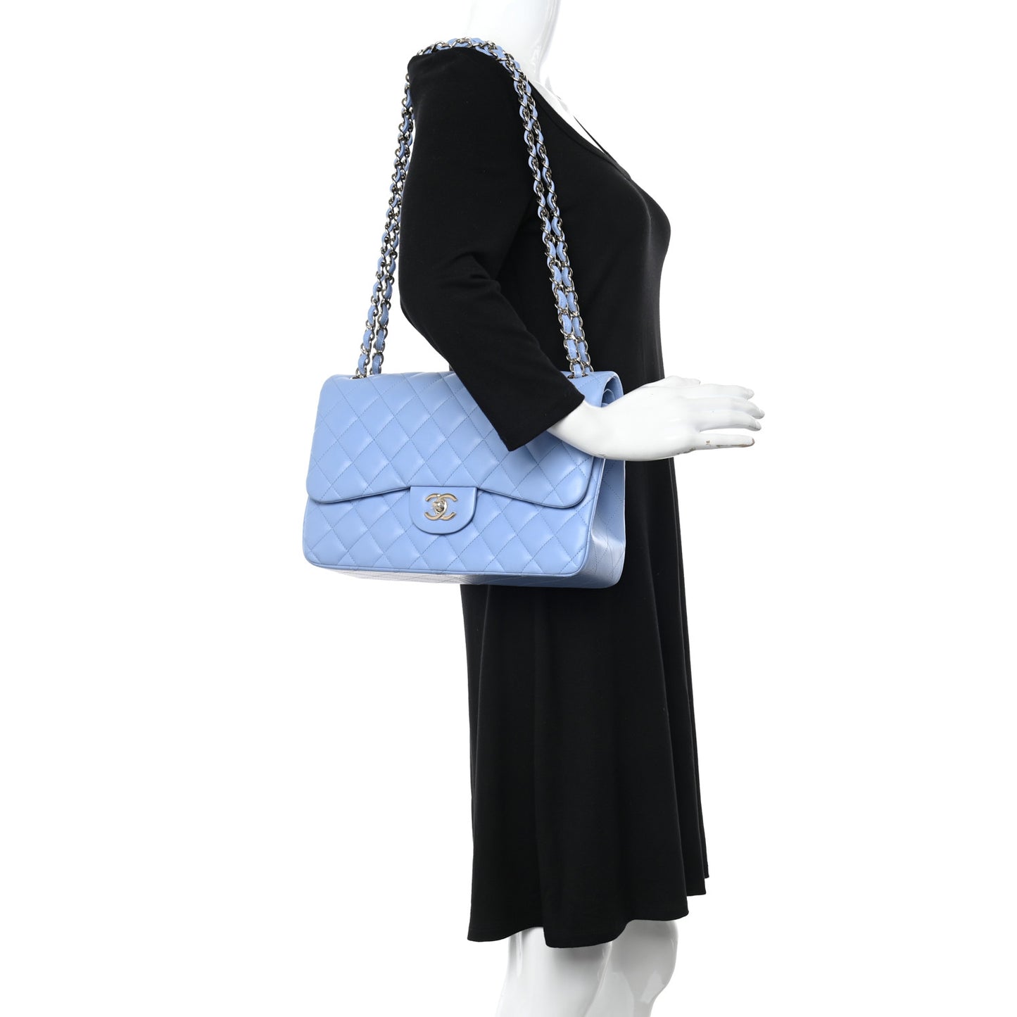 Lambskin Quilted Jumbo Double Flap Light Blue