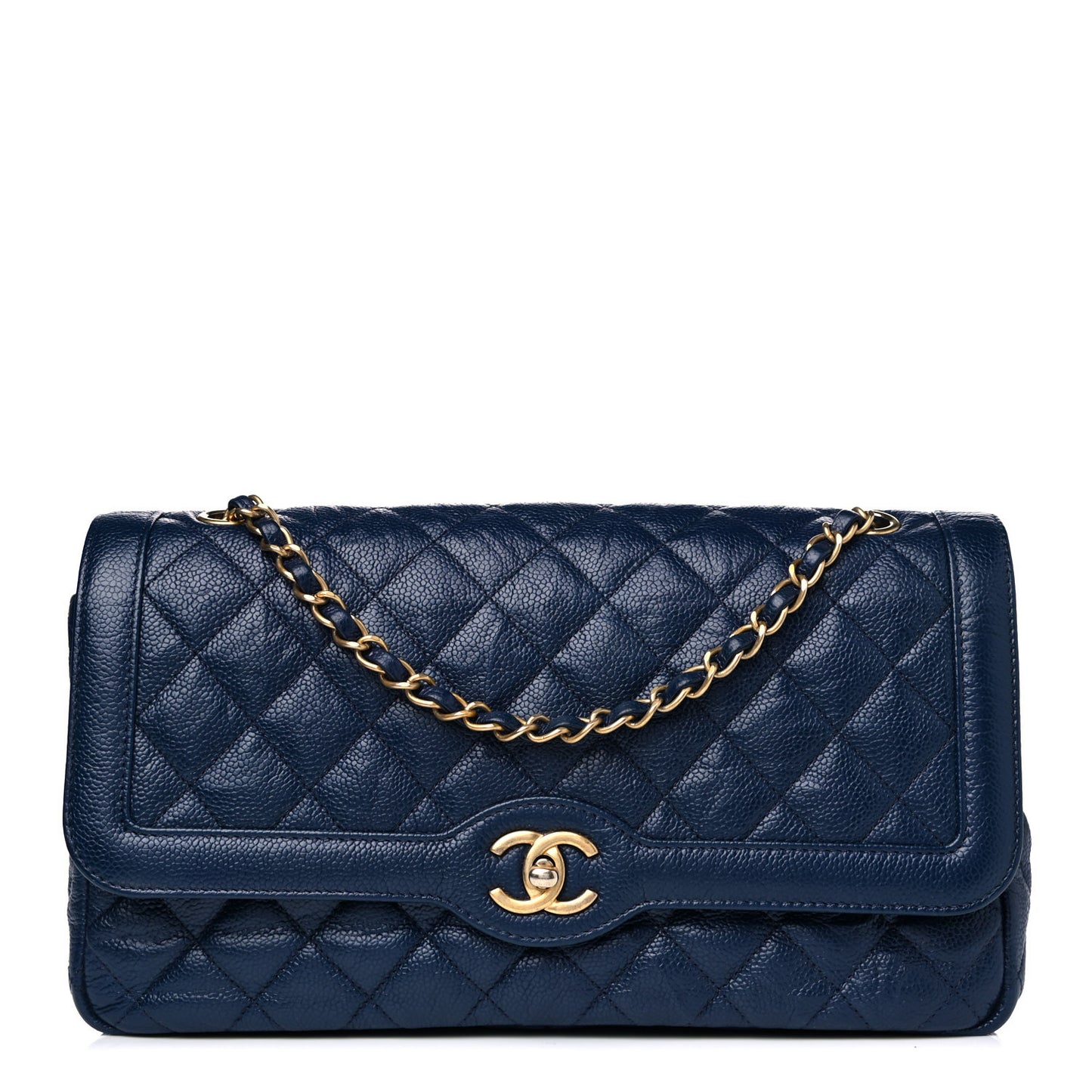 Crumpled Grained Calfskin Quilted Large Two Tone Flap Bag Blue