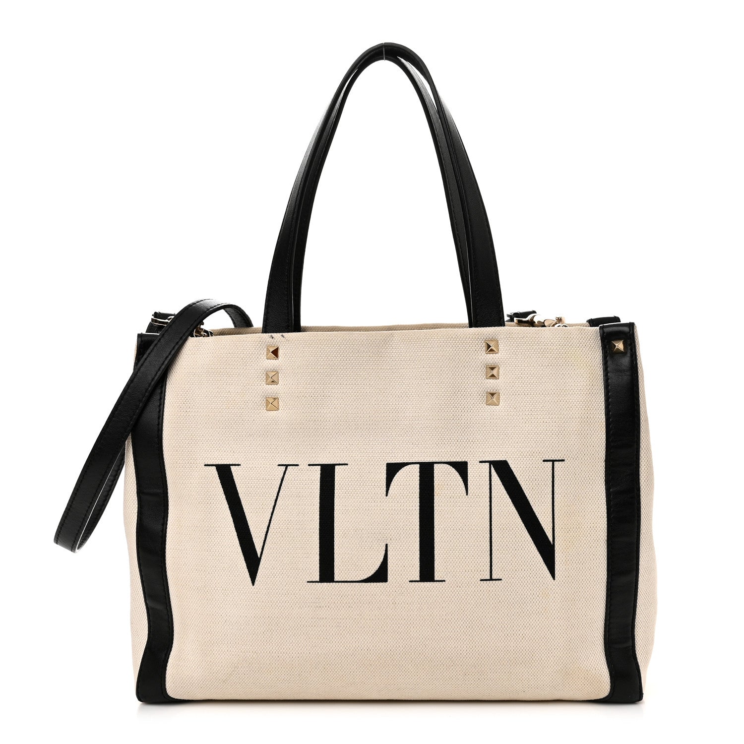 Valentino Garavani Canvas Calfskin VLTN Print Small Rockstud Tote Naturale Black 1 of 12