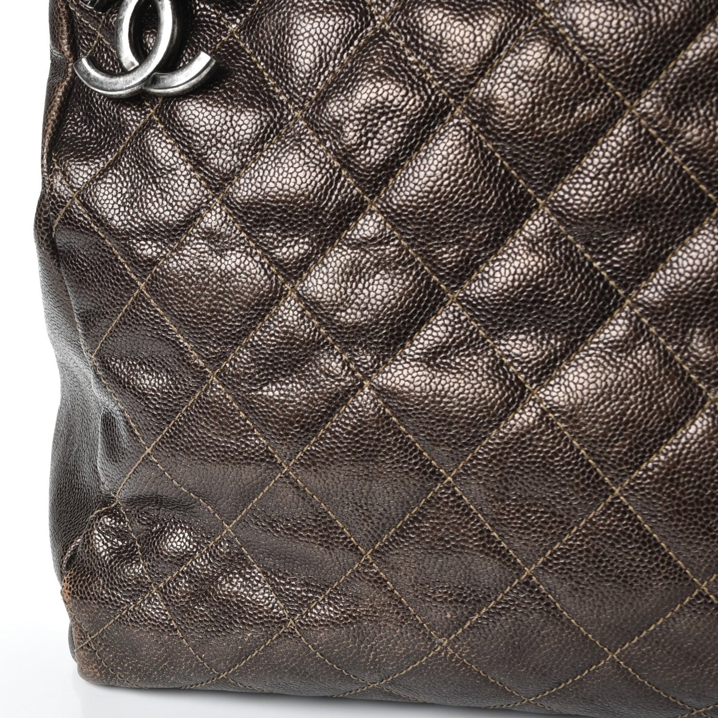 Iridescent Caviar Quilted Tall Chic Shopping Tote Dark Gold