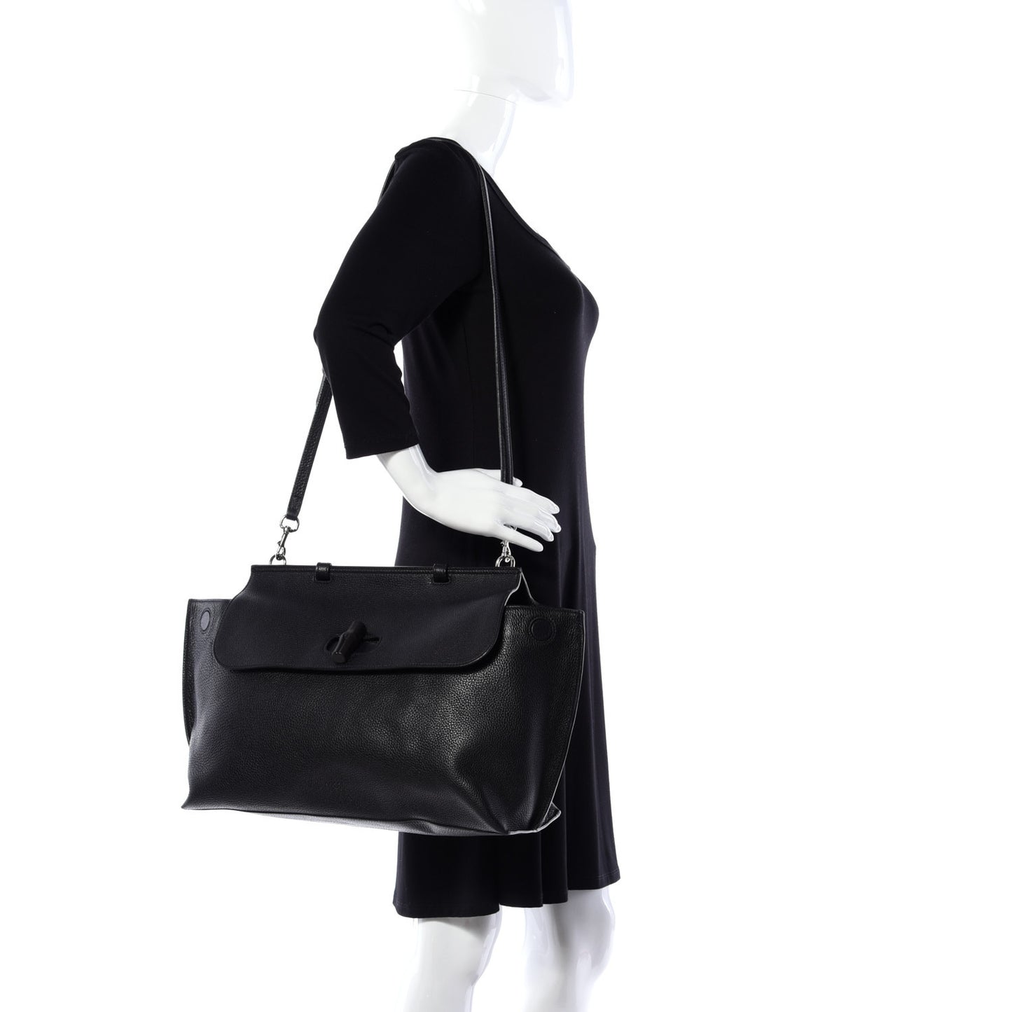 Pebbled Calfskin Large Bamboo Daily Top Handle Bag Black