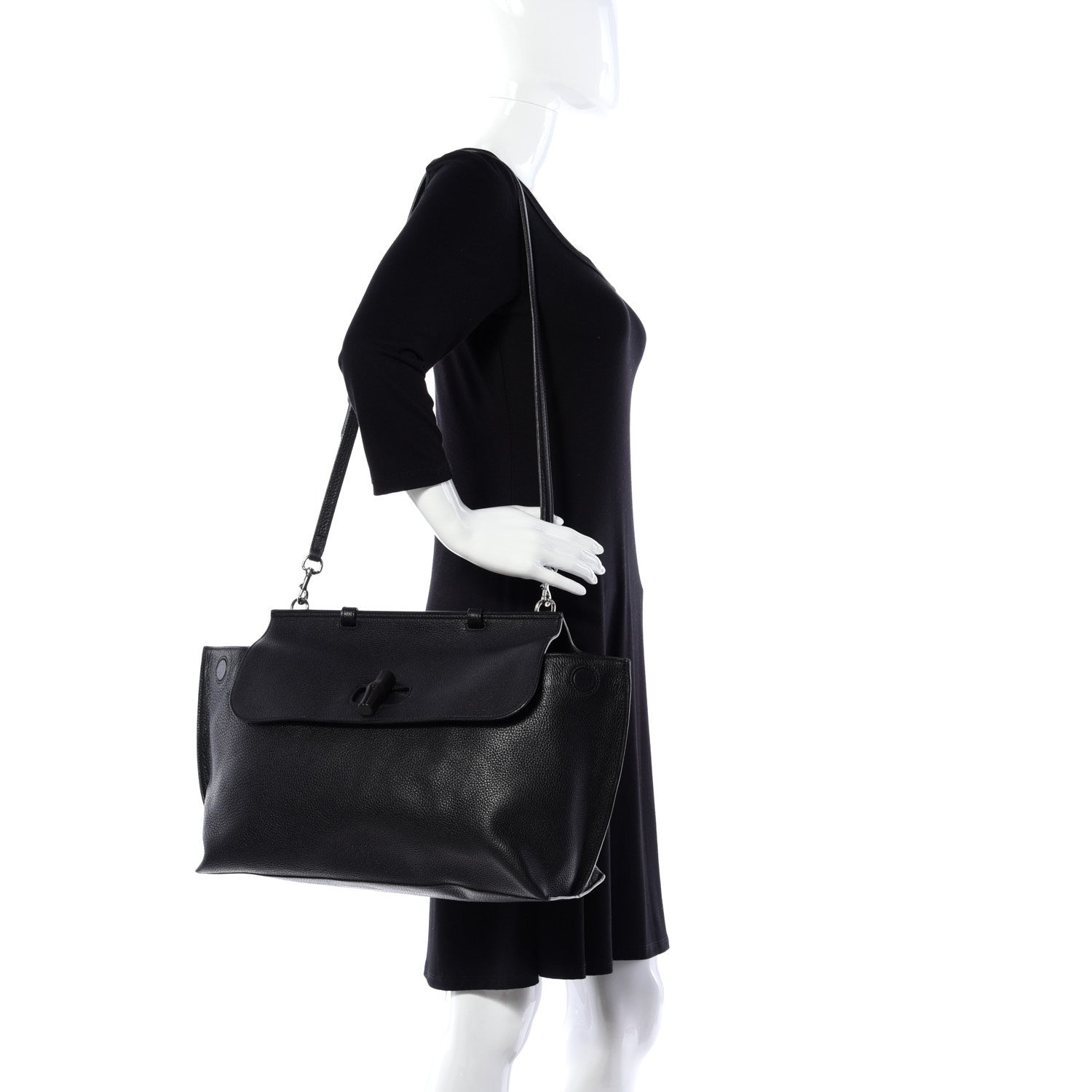 Gucci Pebbled Calfskin Large Bamboo Daily Top Handle Bag Black 2 of 11