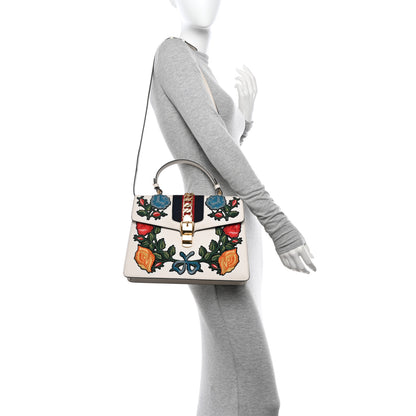 Gucci Calfskin Floral Medium Sylvie Top Handle Bag Off White 2 of 12