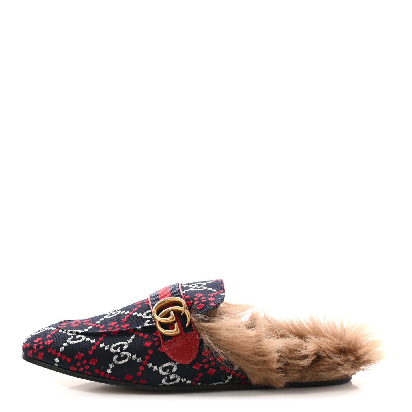 Canvas GG Monogram Diamond Fur Web GG Mens Princetown Slippers 9 Midnight Blue Hibiscus Red