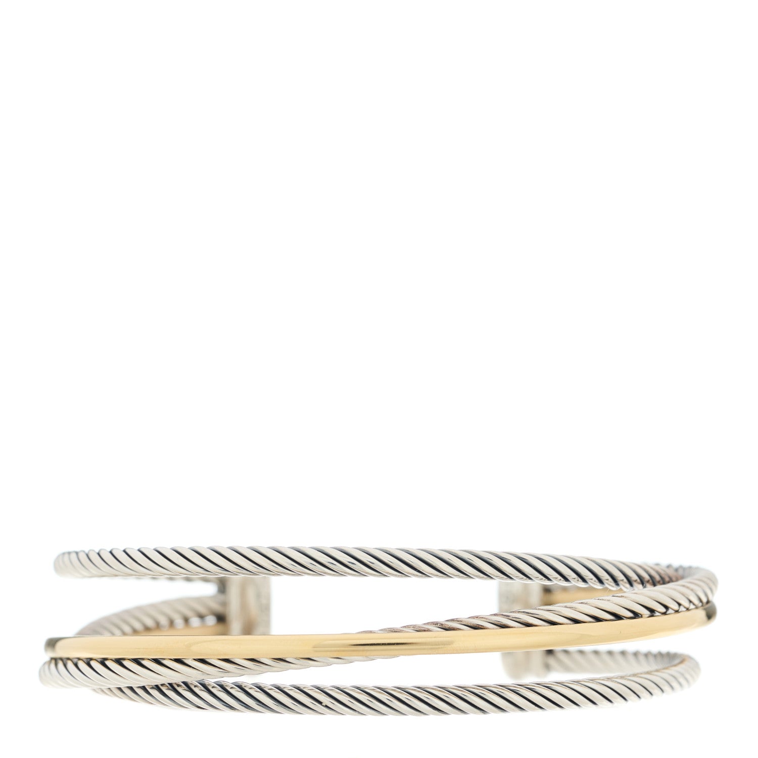 David Yurman Sterling Silver 18K Yellow Gold Crossover Three Row Cuff Bracelet 1 of 3