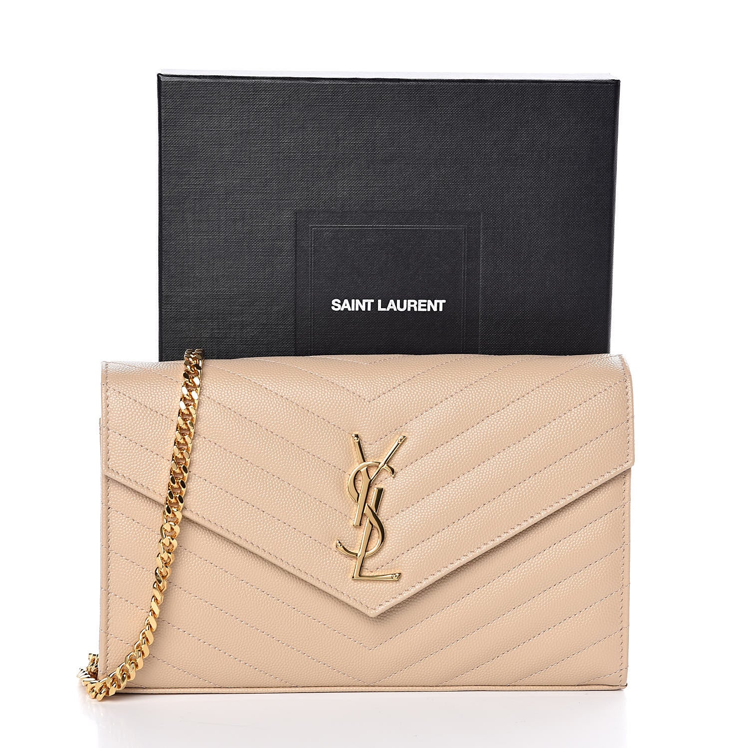 Saint Laurent Grain De Poudre Matelasse Chevron Monogram Chain Wallet Nude Powder 10 of 10
