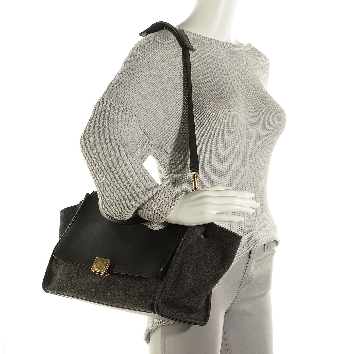 Celine Smooth Calfskin Felt Medium Trapeze Dark Grey 2 of 9