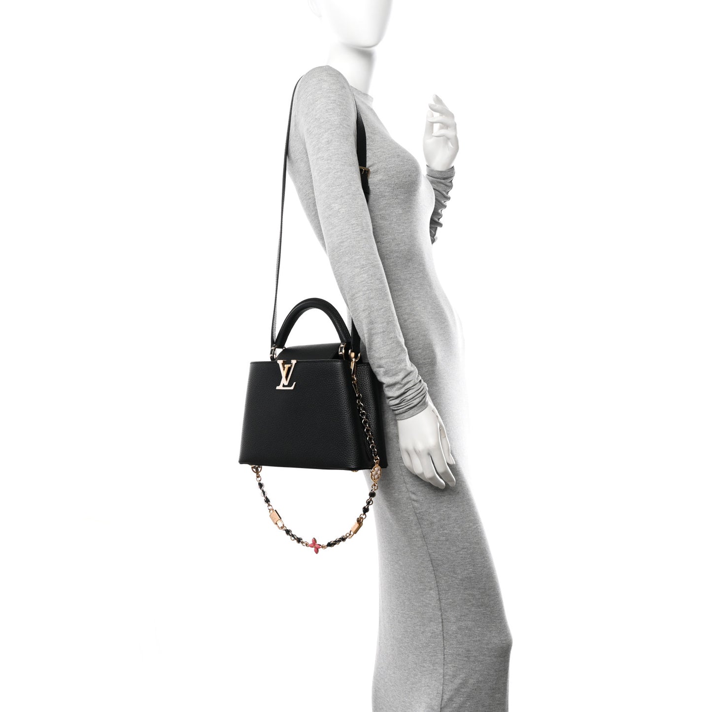 Taurillon Enamel Flower Padlock Chain Capucines BB Black