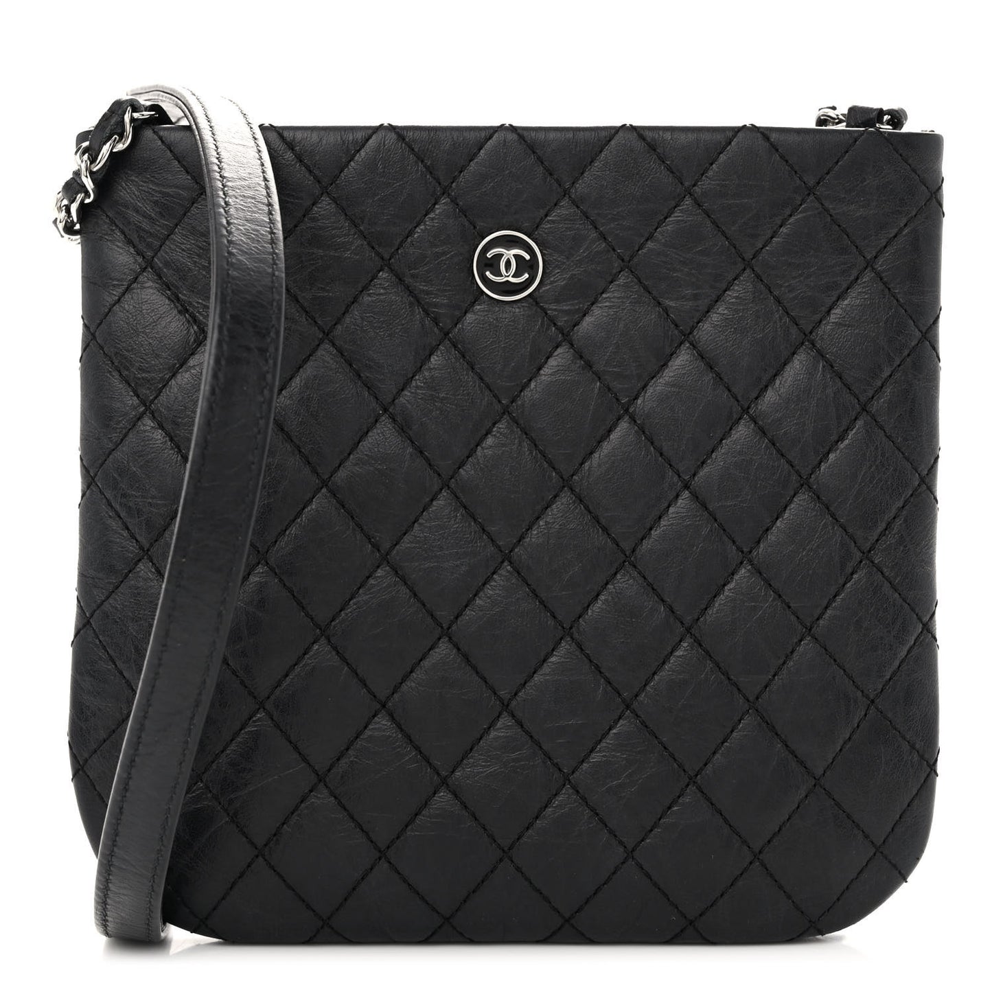 Aged Calfskin Quilted Crossbody Bag Black