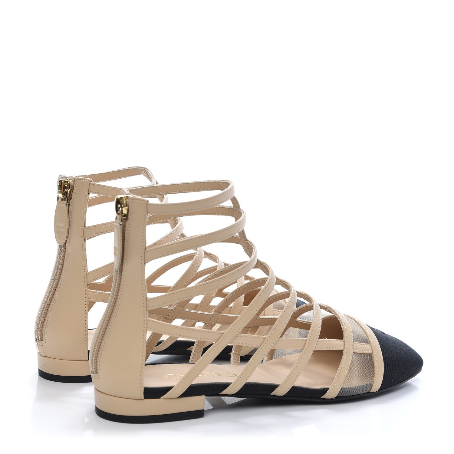 Chanel Goatskin Grosgrain Cap Toe CC Gladiator Sandals 37.5 Beige Black 4 of 9