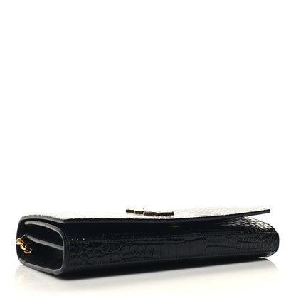 Saint Laurent Calfskin Crocodile Embossed Cassandre Wallet On Chain WOC Black 4 of 11