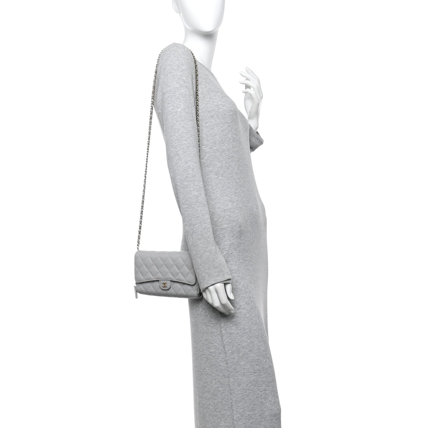 Caviar Quilted Phone Holder Wallet on Removable Chain Grey