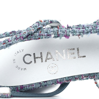 Chanel Tweed Patent Cap Toe CC Slingback Pumps 37.5 Turquoise Purple White 6 of 8