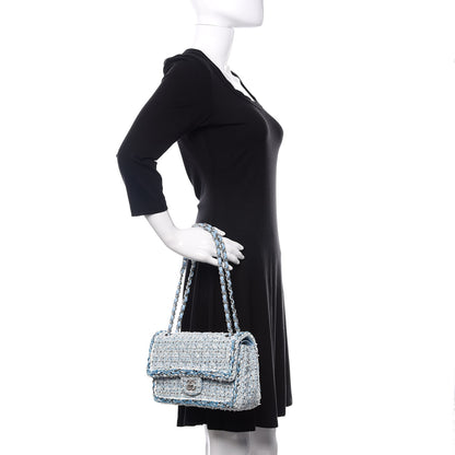 Chanel Tweed Quilted Medium Double Flap Blue White 2 of 10