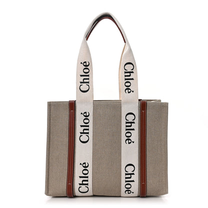 Chloe Linen Calfskin Medium Woody Ribbon Tote White Brown 1 of 8