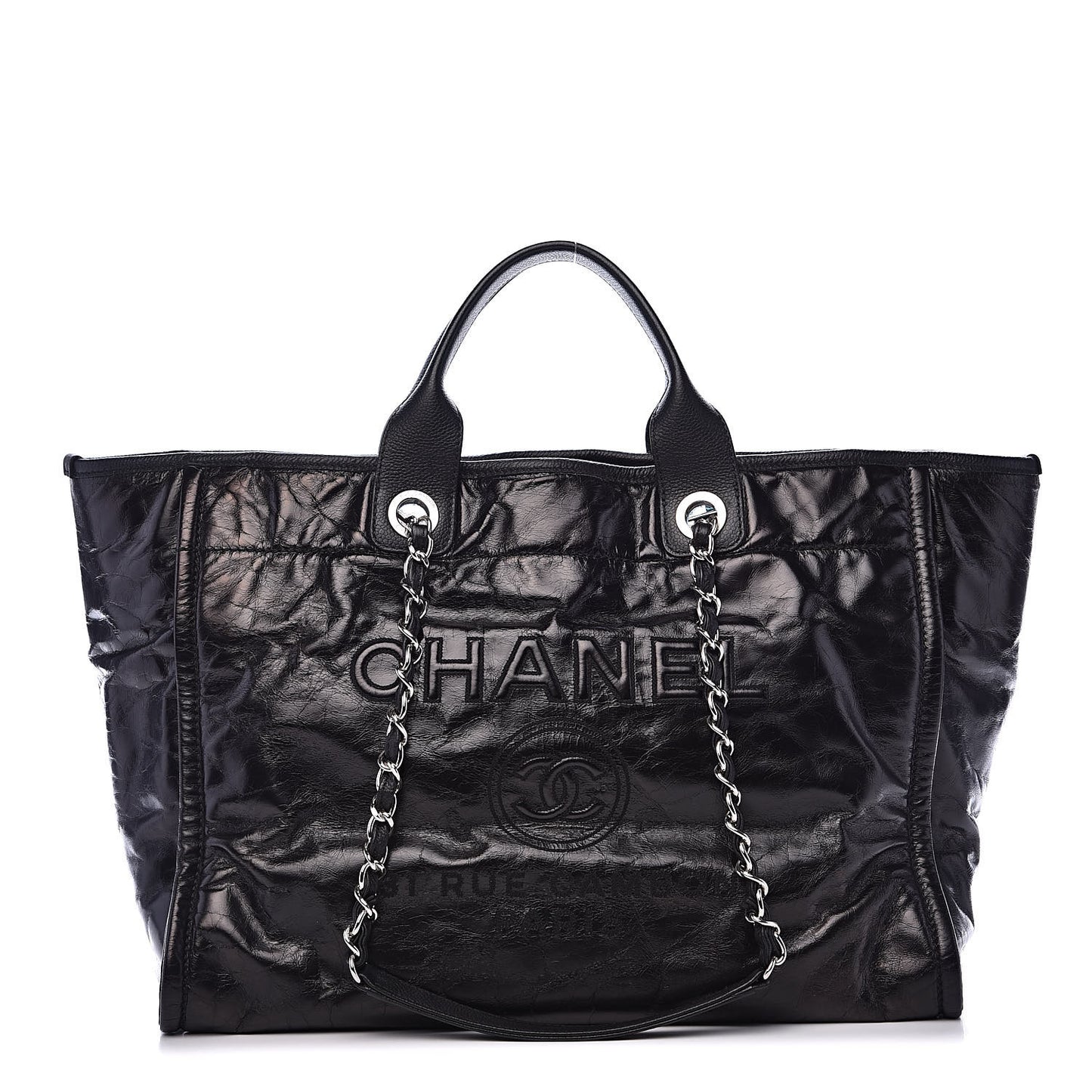 Glazed Calfskin Medium Deauville Tote Black