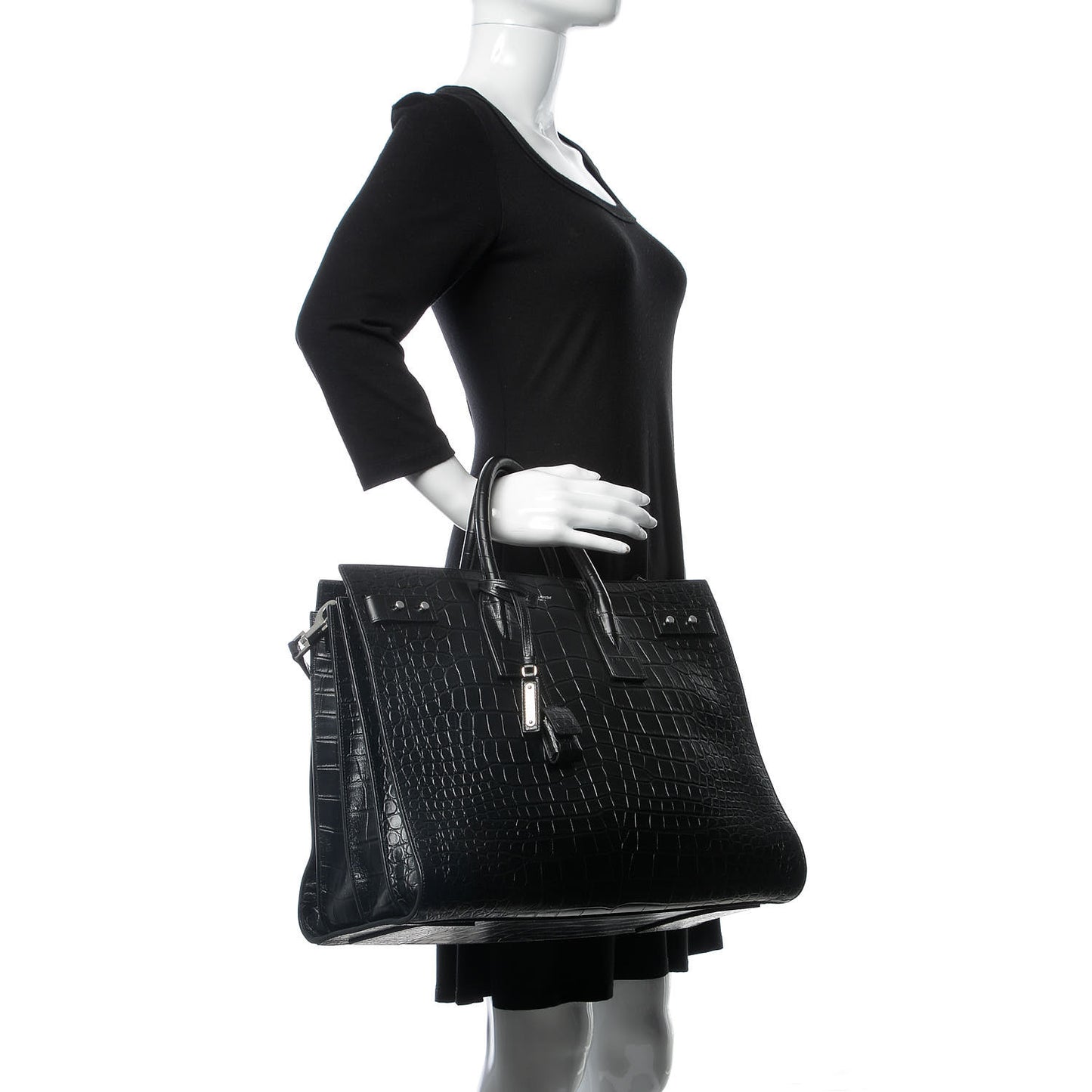Calfskin Crocodile Embossed Large Souple Sac De Jour Black
