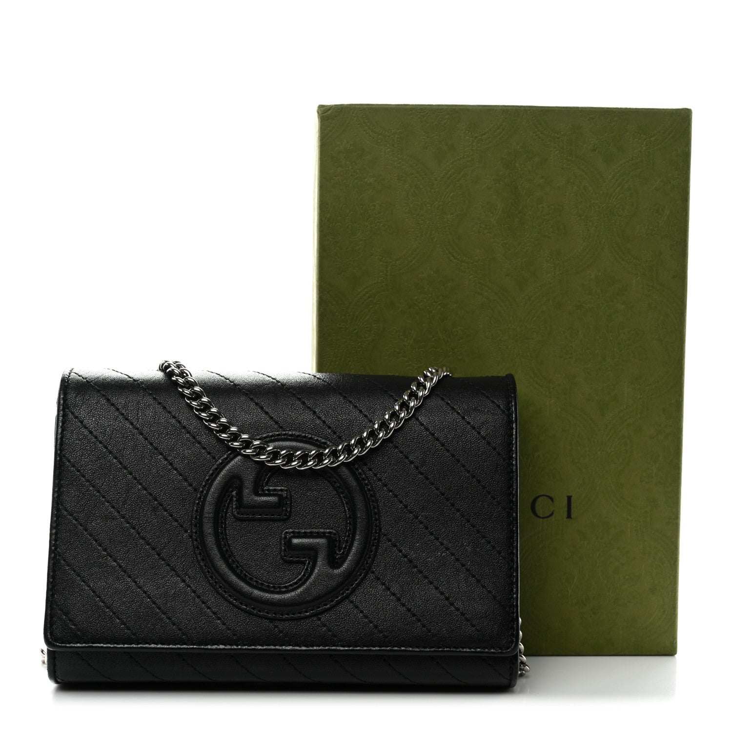 Gucci Sakai Be Green Calfskin Diagonal Stitched Blondie Wallet on Chain Black 33 of 34