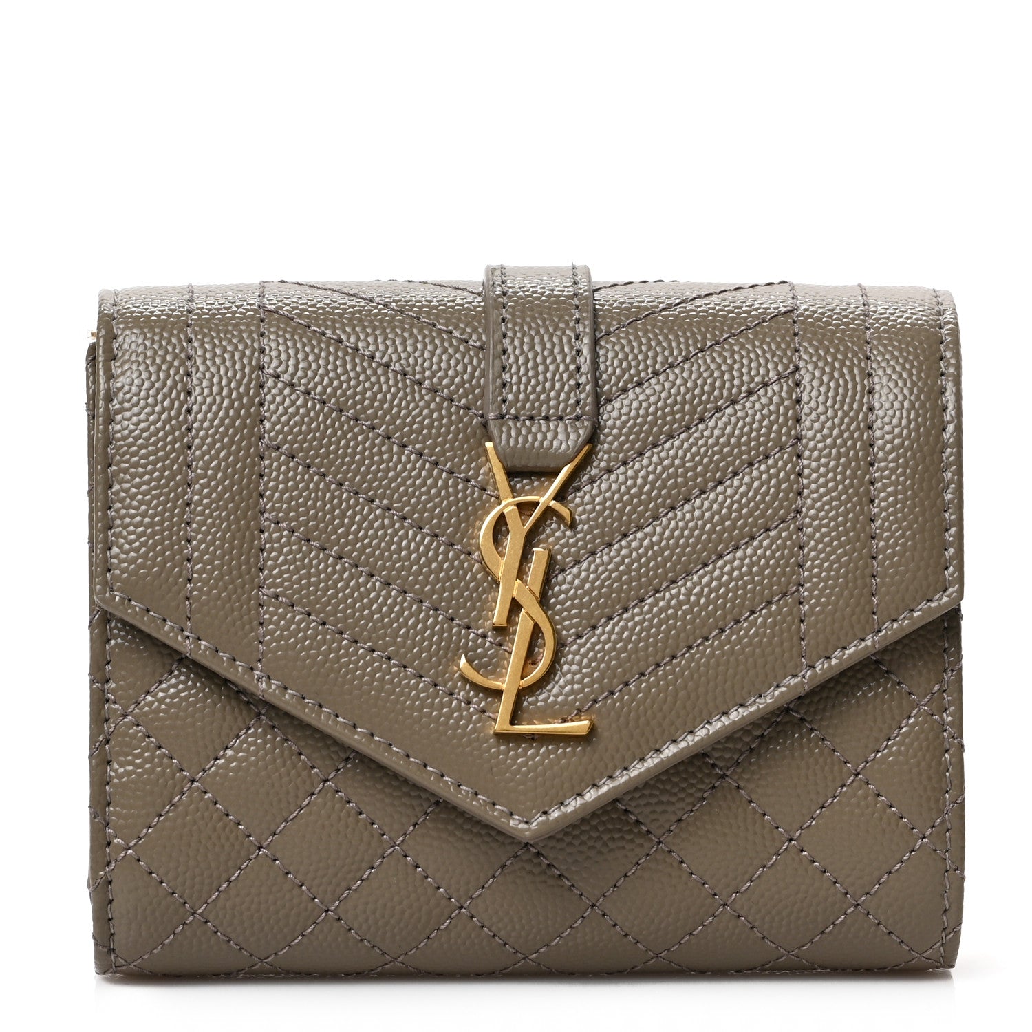 Saint Laurent Grain De Poudre Mixed Matelasse Triquilt Monogram Compact Tri Fold Wallet Greyish Brown 1 of 6