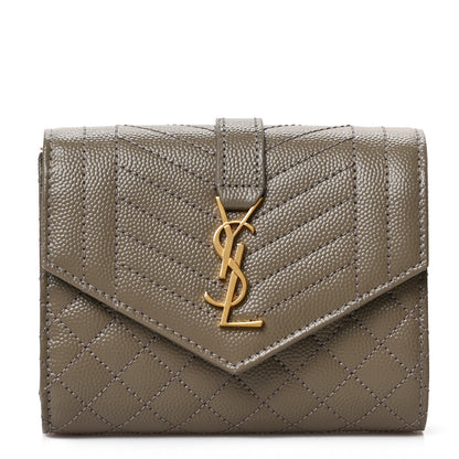 Saint Laurent Grain De Poudre Mixed Matelasse Triquilt Monogram Compact Tri Fold Wallet Greyish Brown 1 of 6