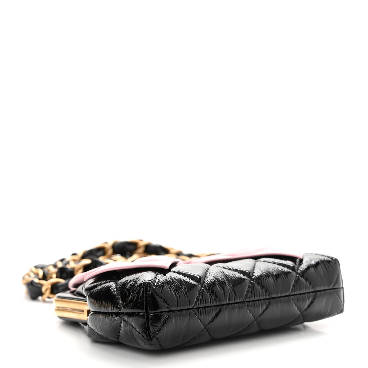 Patent Crumpled Lambskin Quilted Clutch With Chain Black Pink